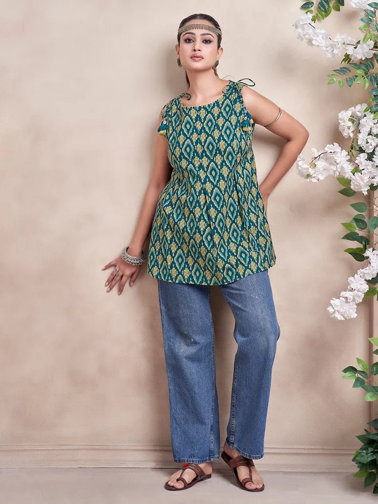 Green Color And Yellow Geometric Printed Short Kurti