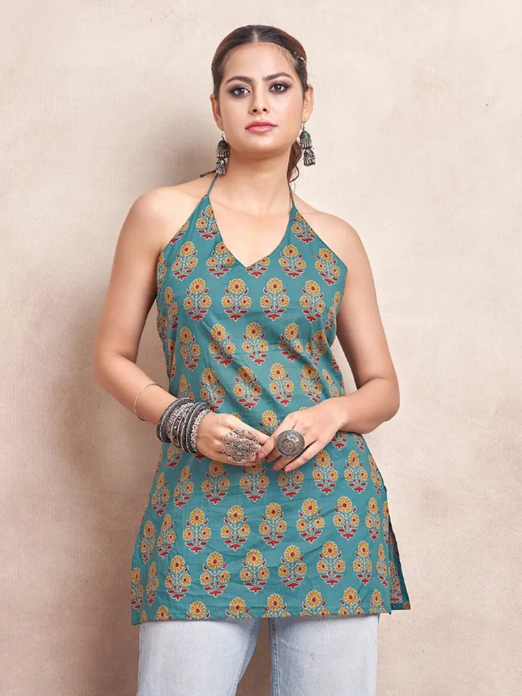 Green Color With Yellow Block Floral Print & Tie Backless Short Kurti