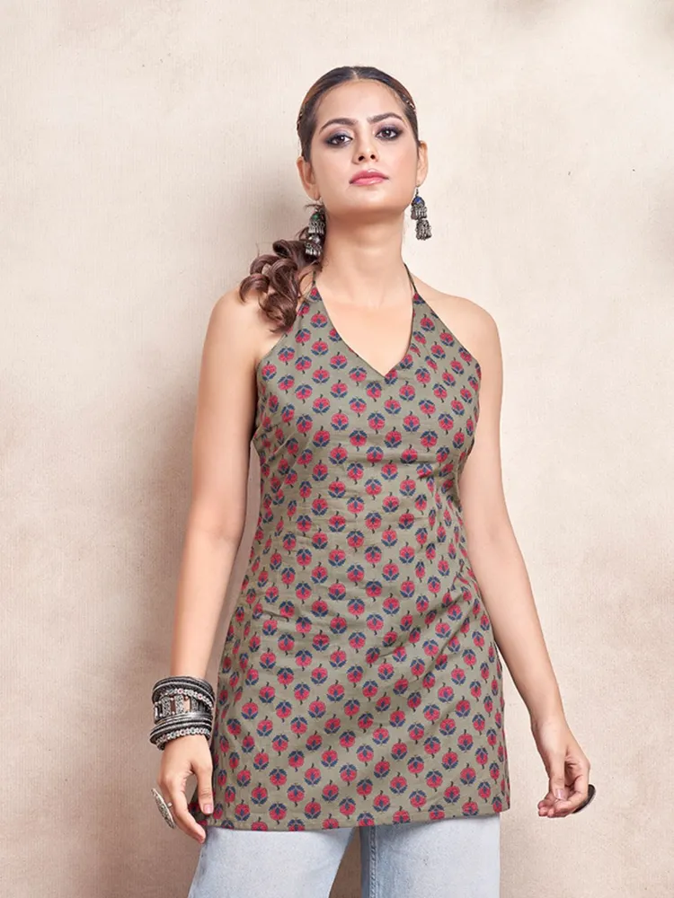 Olive Color With Red Floral Print & Tie Backless Short Kurti