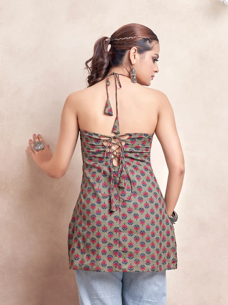 Olive Color With Red Floral Print & Tie Backless Short Kurti