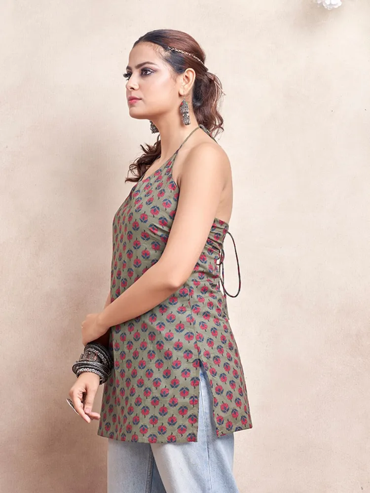 Olive Color With Red Floral Print & Tie Backless Short Kurti