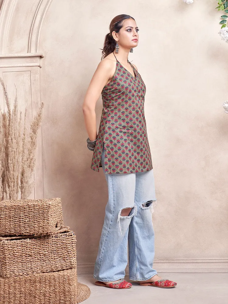 Olive Color With Red Floral Print & Tie Backless Short Kurti