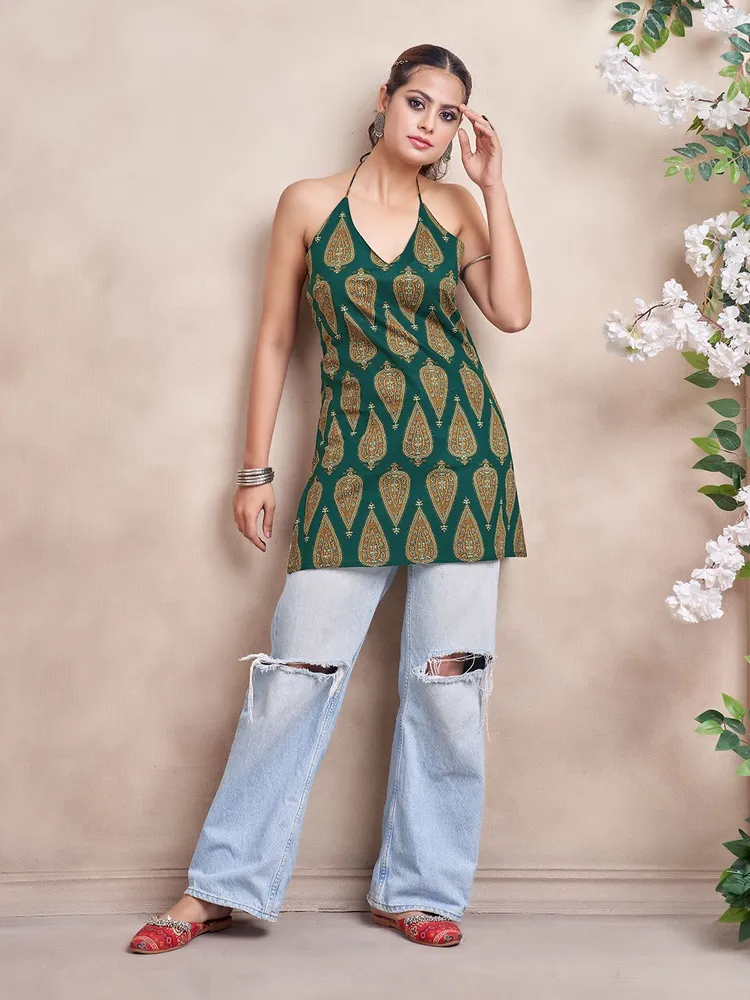Green Color With Leaf Print Tie Backless Short Kurti