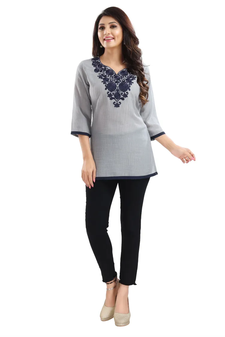 Gorgeous Grey Wrinkle Fabric Embroidery Tunic Top