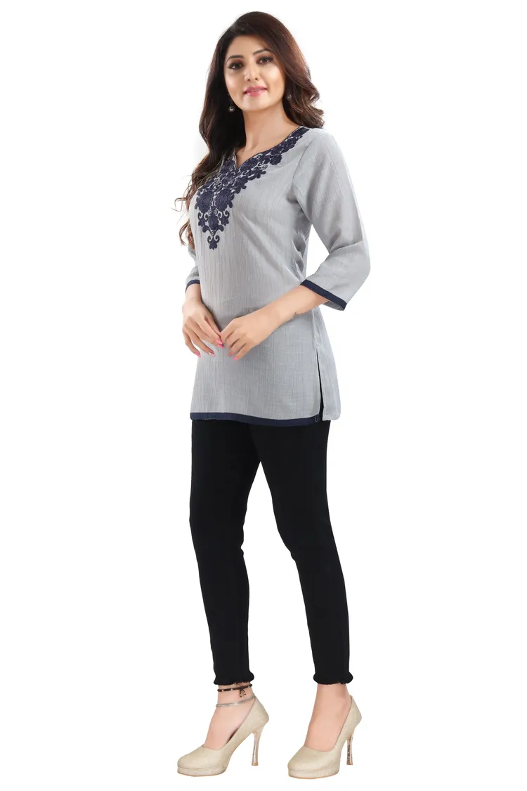 Gorgeous Grey Wrinkle Fabric Embroidery Tunic Top