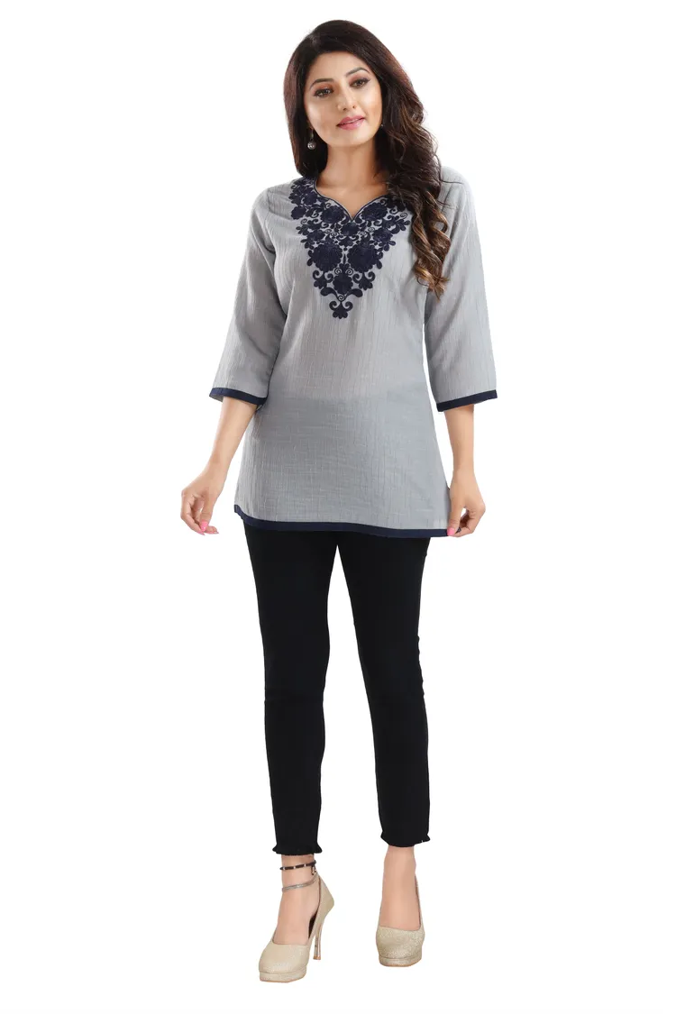 Gorgeous Grey Wrinkle Fabric Embroidery Tunic Top
