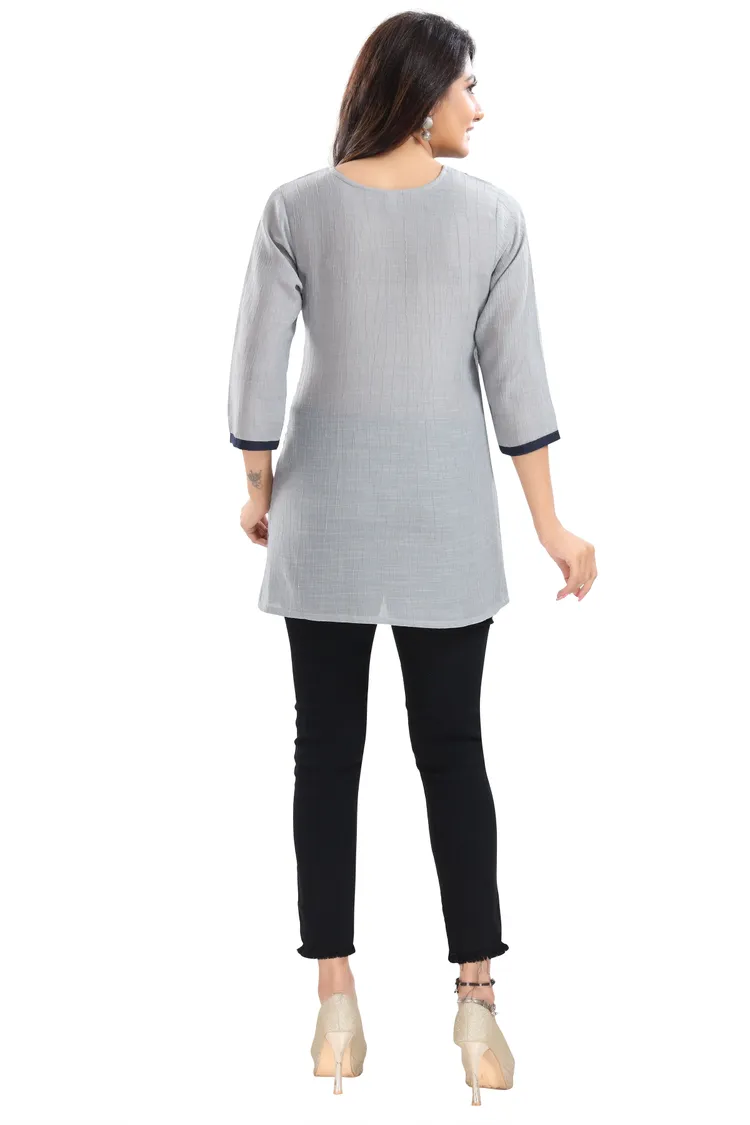 Gorgeous Grey Wrinkle Fabric Embroidery Tunic Top