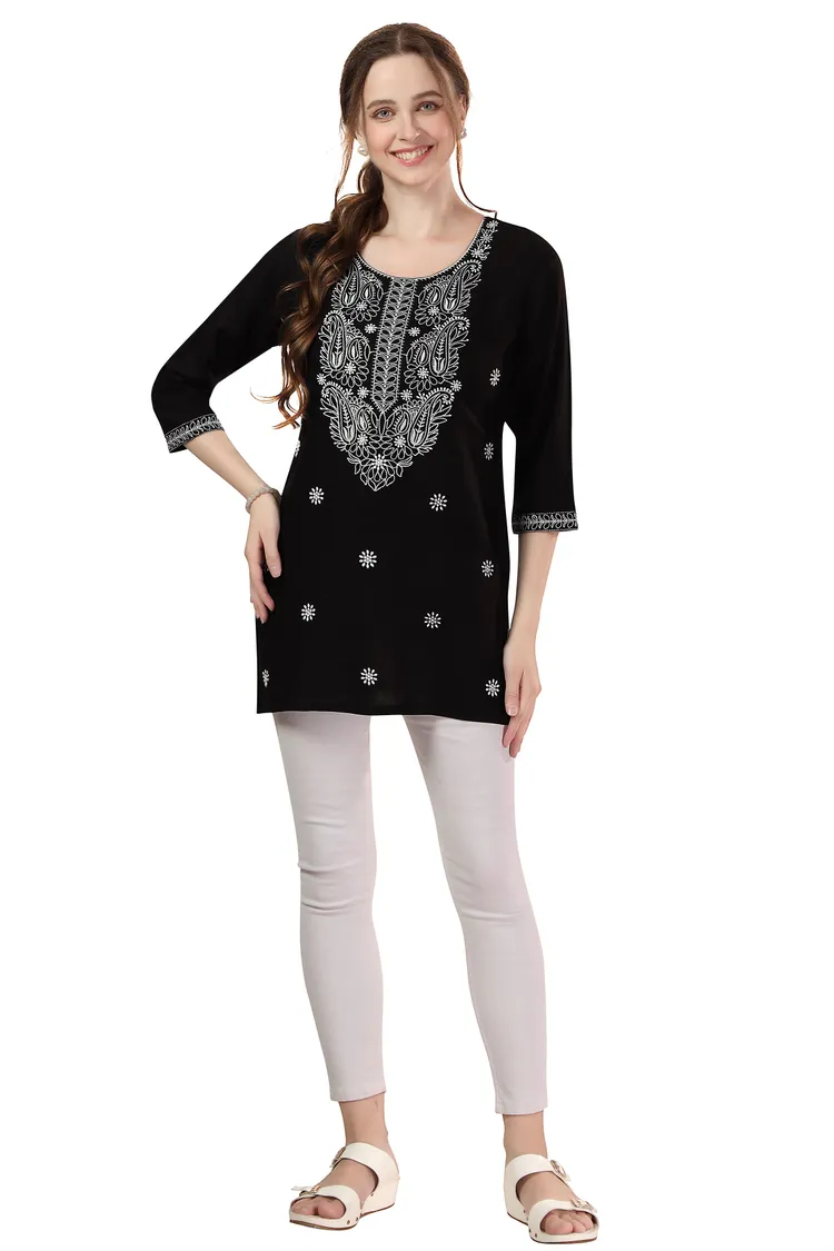 Black Rayon Chikankari Kurti Stylish Short Tunic for Women