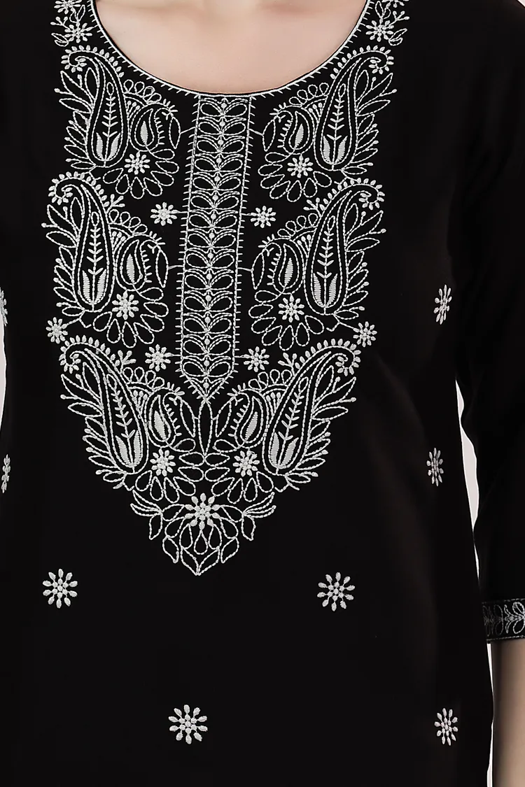 Black Rayon Chikankari Kurti Stylish Short Tunic for Women
