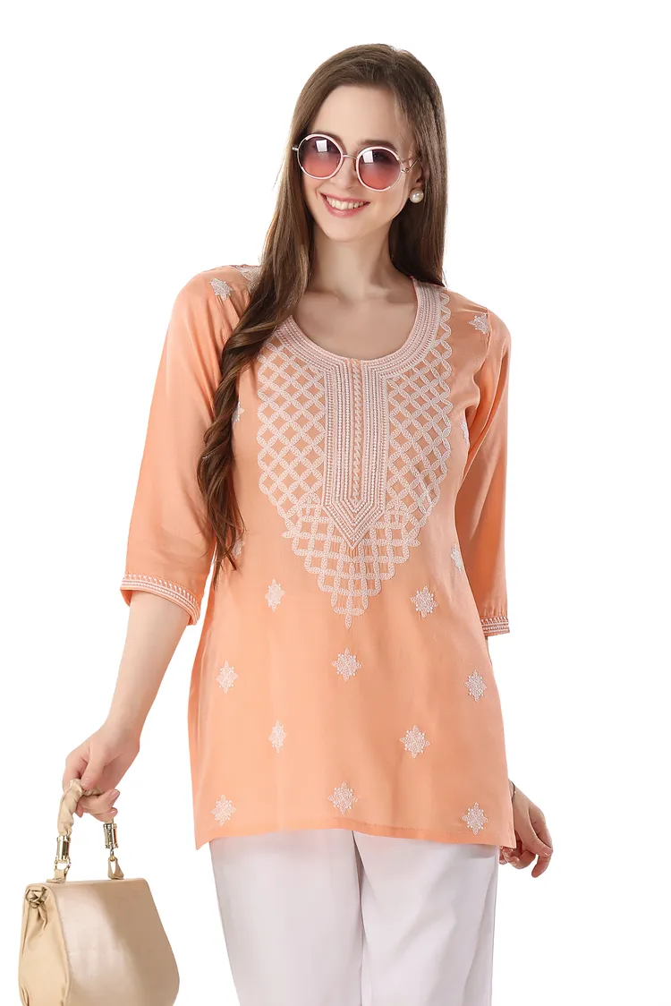 Peach Rayon Chikankari Kurti Tunic
