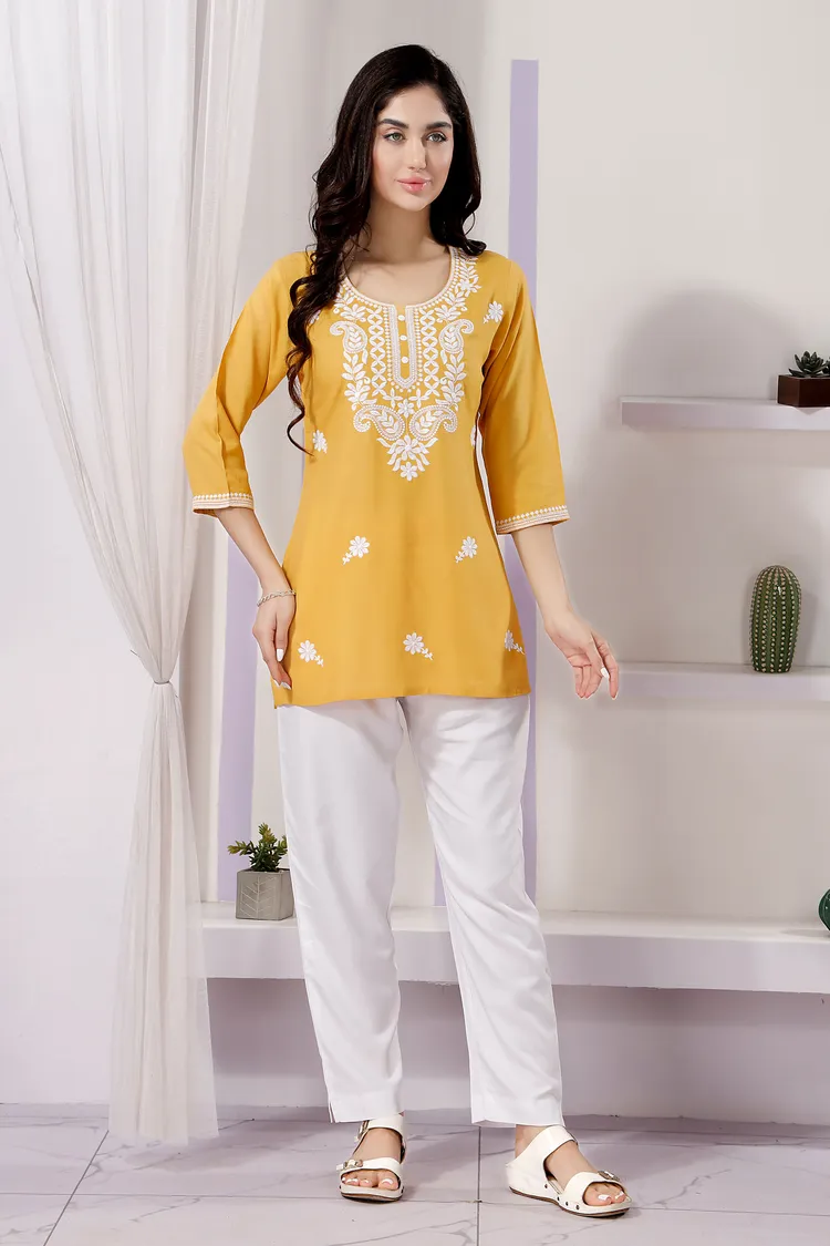 Stylish Yellow Rayon Short Kurti with Chikankari Work