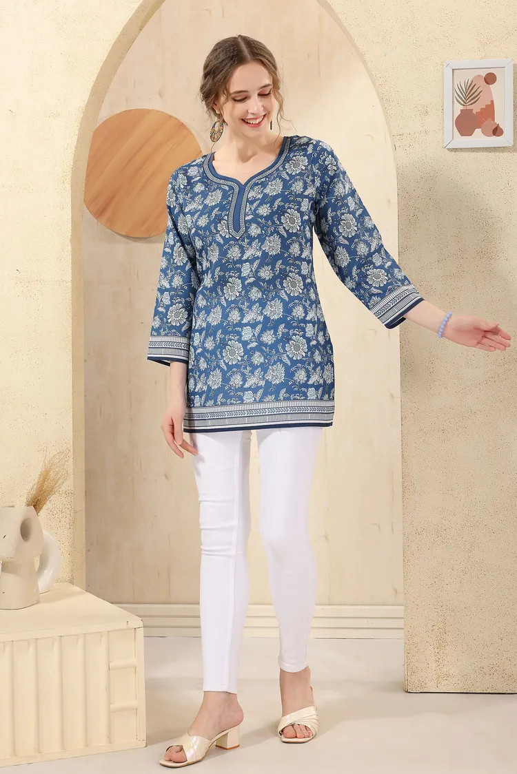 Blue Elegant Floral Print Cotton Short Kurti with Round Neck