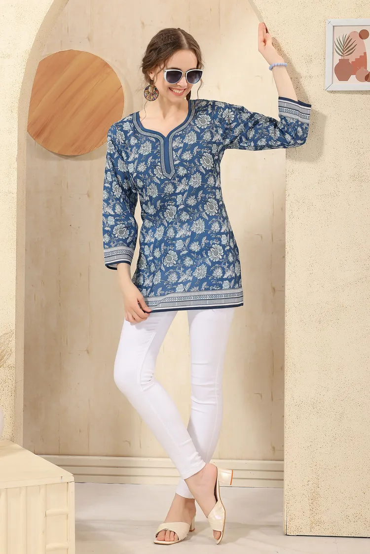 Blue Elegant Floral Print Cotton Short Kurti with Round Neck