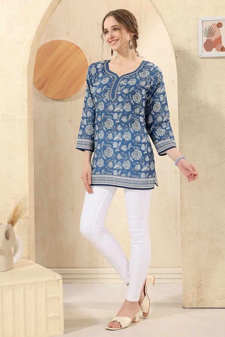 Blue Elegant Floral Print Cotton Short Kurti with Round Neck