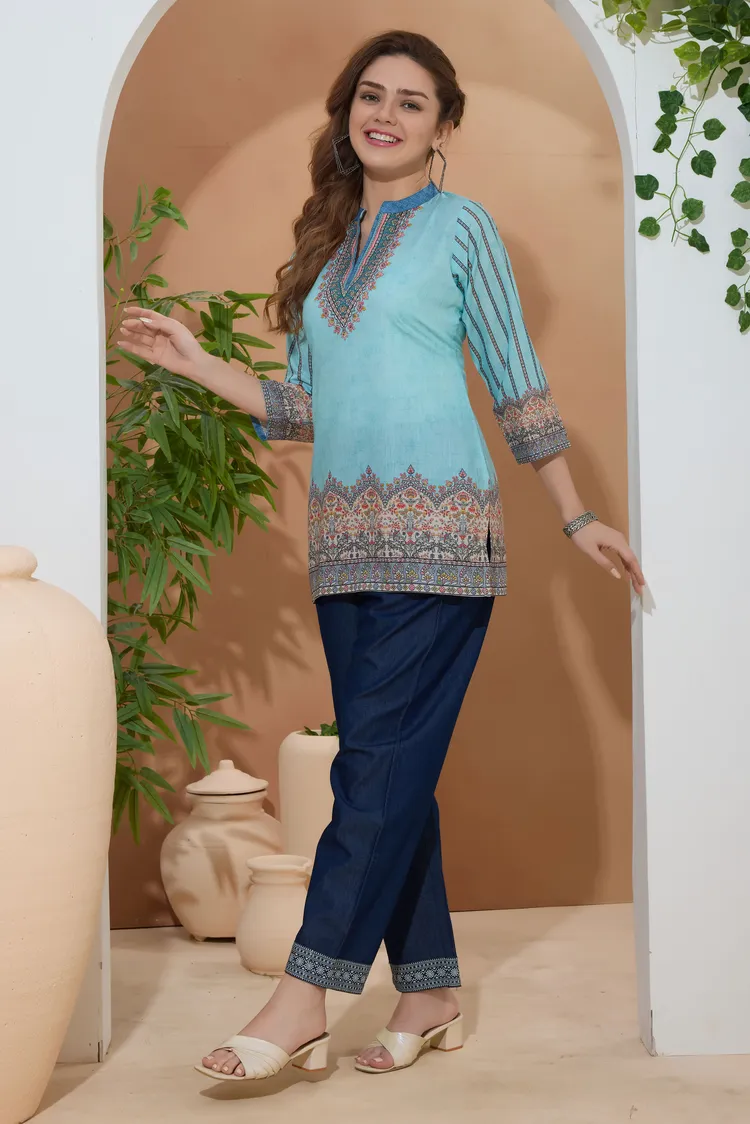 Turquoise Blue Ethnic Print Cotton Short Kurti with Ban Collar