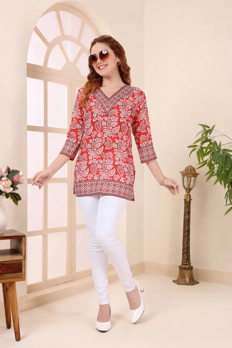 Red Cotton Short Kurti Tunic Top with Ethnic Motifs for Women