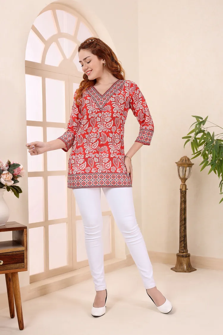Red Cotton Short Kurti Tunic Top with Ethnic Motifs for Women