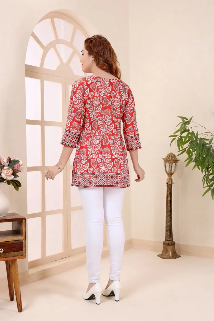 Red Cotton Short Kurti Tunic Top with Ethnic Motifs for Women