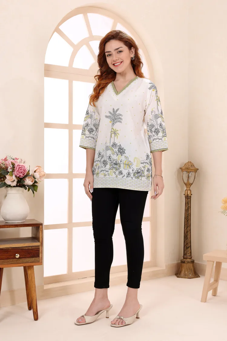 Cotton Short Kurti Tunic Top with Floral Print for Women