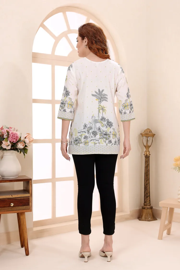 Cotton Short Kurti Tunic Top with Floral Print for Women