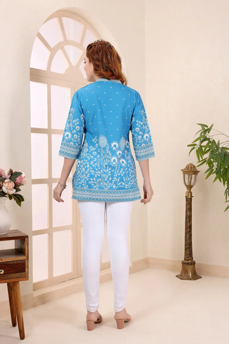 Turquoise Cotton Short Kurti Tunic Top with Floral Print for Women