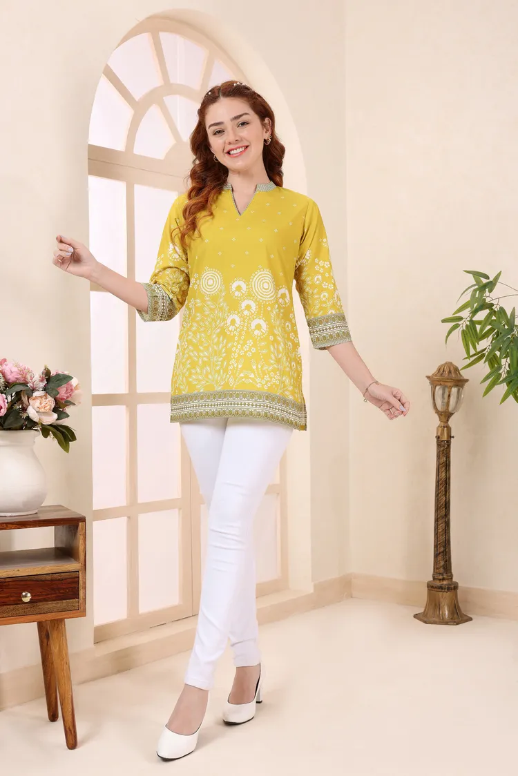 Yellow Cotton Short Kurti Tunic Top with Floral Print for Women