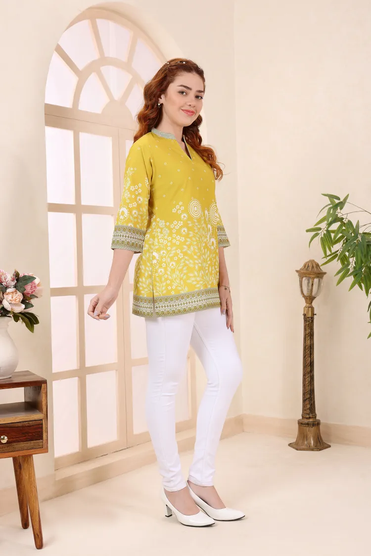 Yellow Cotton Short Kurti Tunic Top with Floral Print for Women