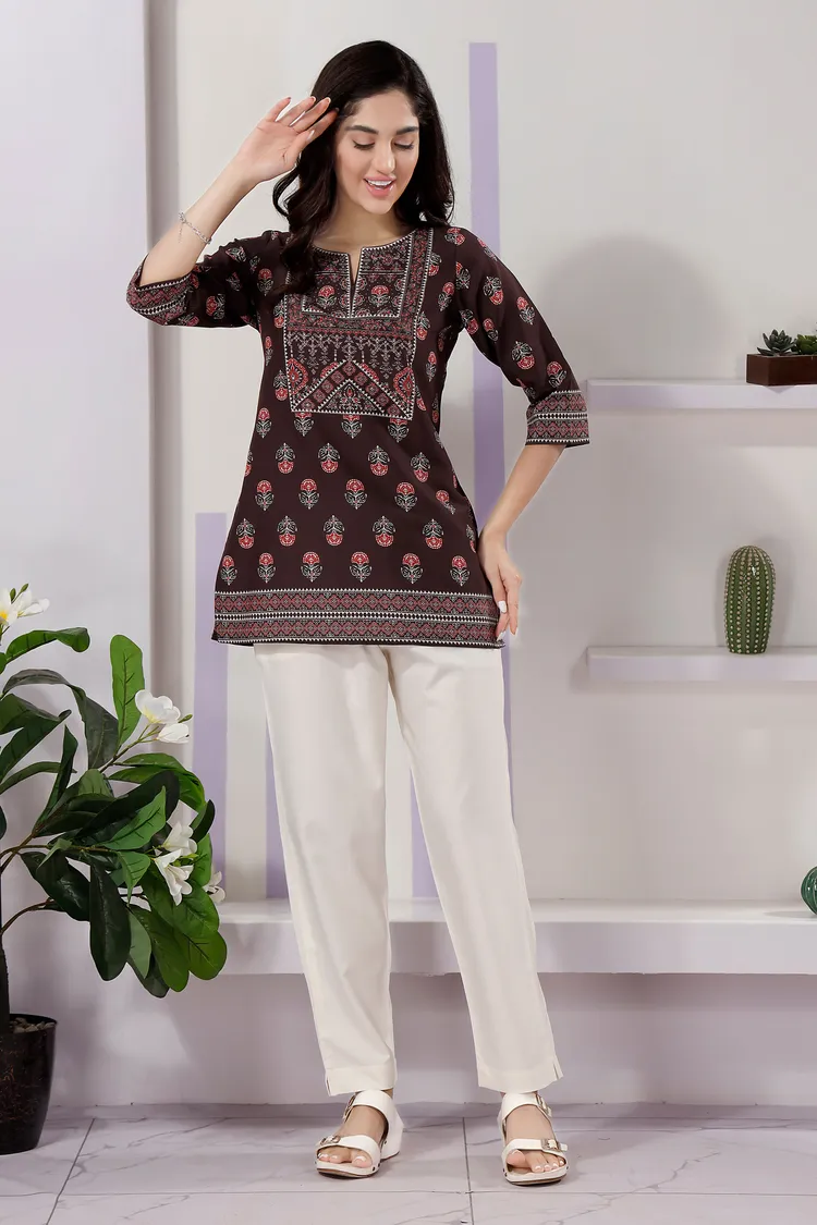 Brown Cotton Print Round Neck Short Tunic Top