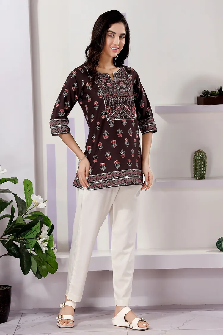 Brown Cotton Print Round Neck Short Tunic Top