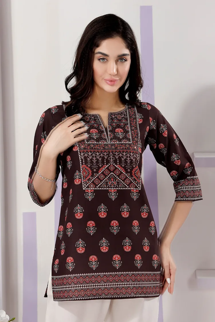 Brown Cotton Print Round Neck Short Tunic Top