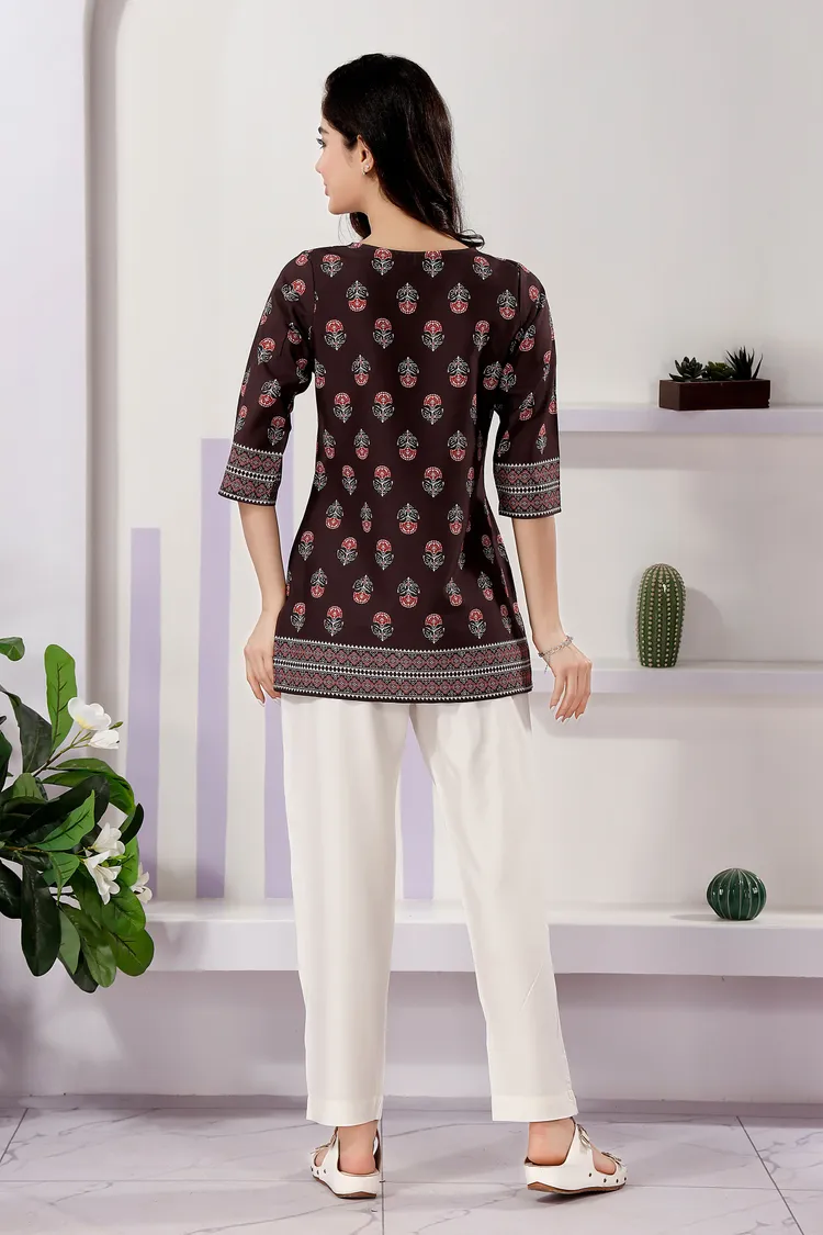 Brown Cotton Print Round Neck Short Tunic Top