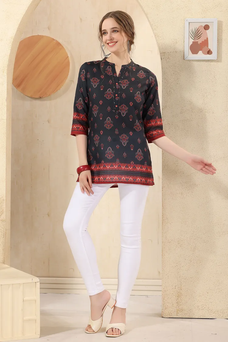 Black Jaipuri Cotton Print Mandarin Collar Short Tunic Top