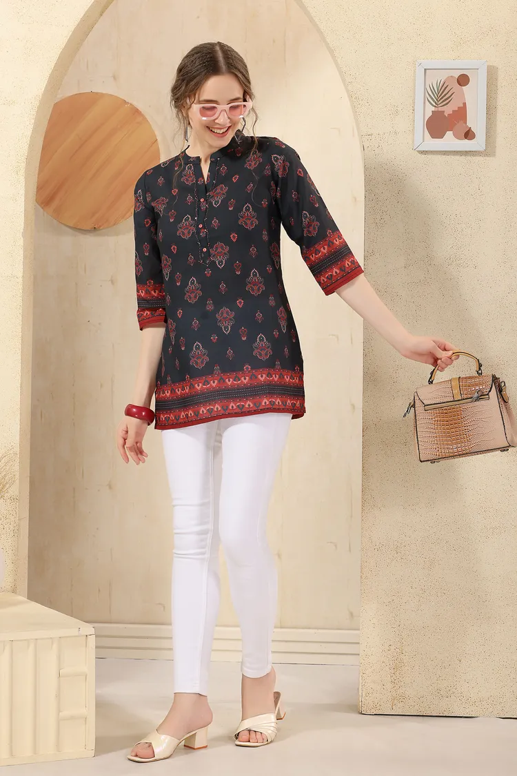Black Jaipuri Cotton Print Mandarin Collar Short Tunic Top