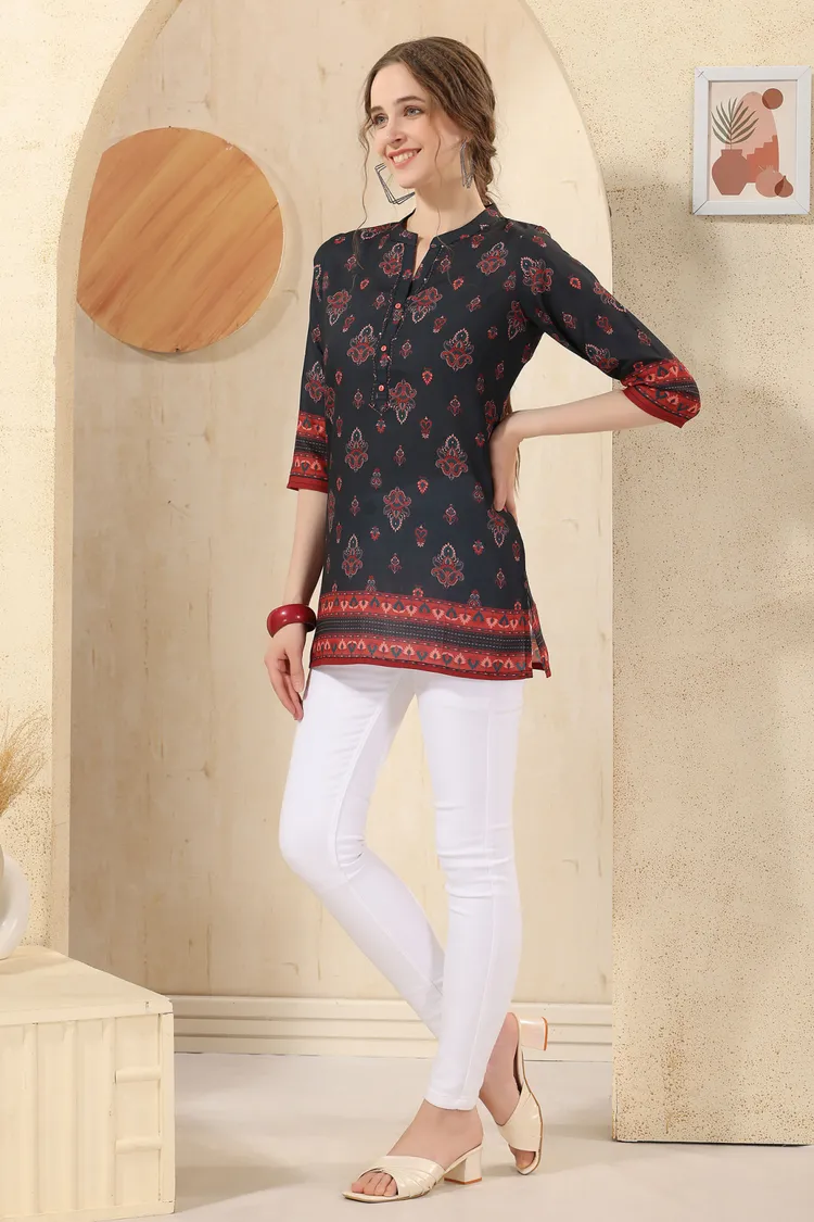 Black Jaipuri Cotton Print Mandarin Collar Short Tunic Top