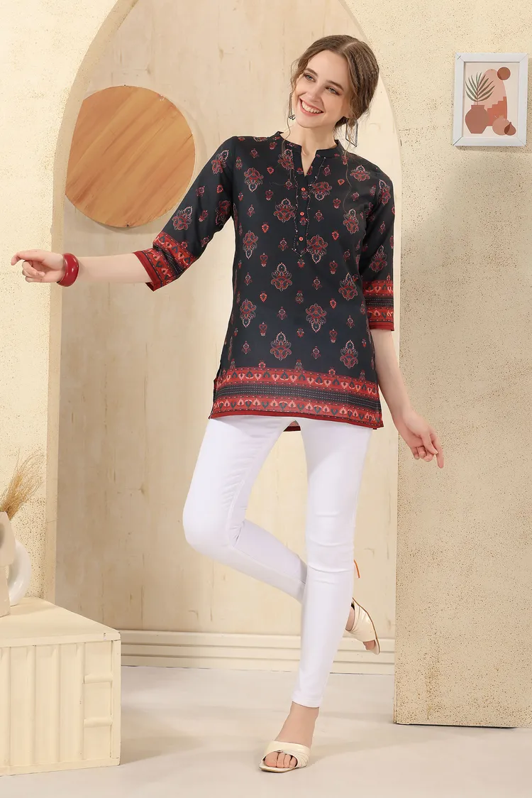 Black Jaipuri Cotton Print Mandarin Collar Short Tunic Top