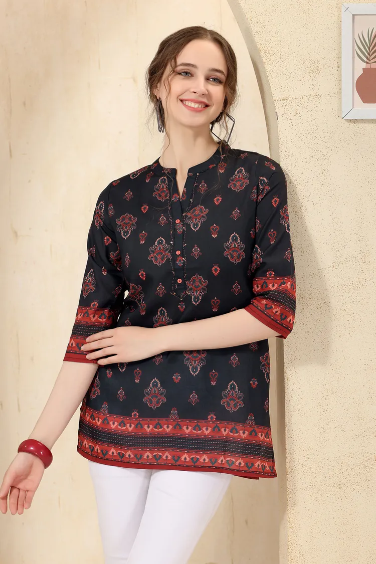 Black Jaipuri Cotton Print Mandarin Collar Short Tunic Top