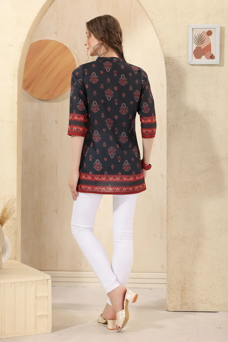 Black Jaipuri Cotton Print Mandarin Collar Short Tunic Top