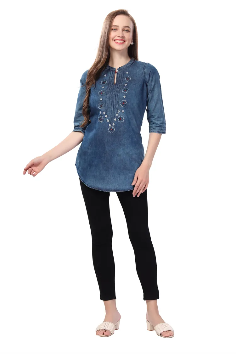 Fashion Forward Denim Tunic Applique Embroidery and Cloud Wash