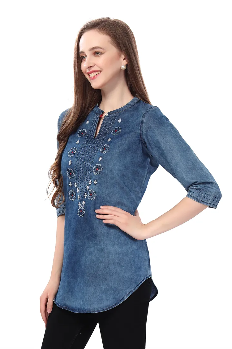 Fashion Forward Denim Tunic Applique Embroidery and Cloud Wash