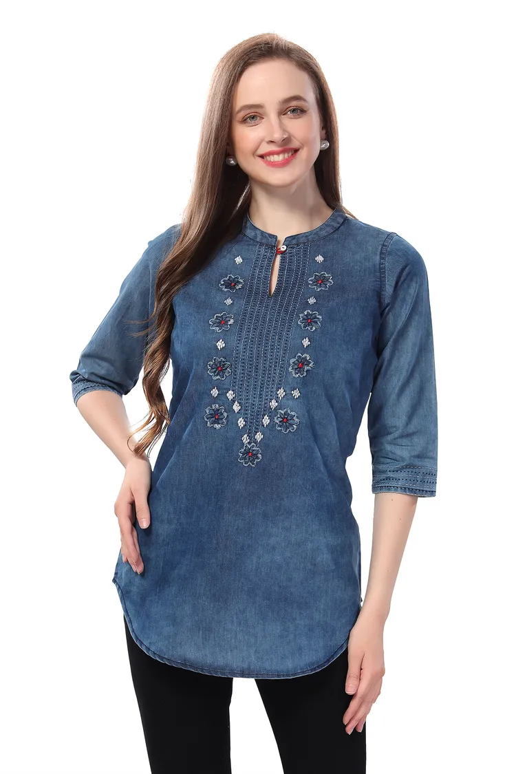 Fashion Forward Denim Tunic Applique Embroidery and Cloud Wash
