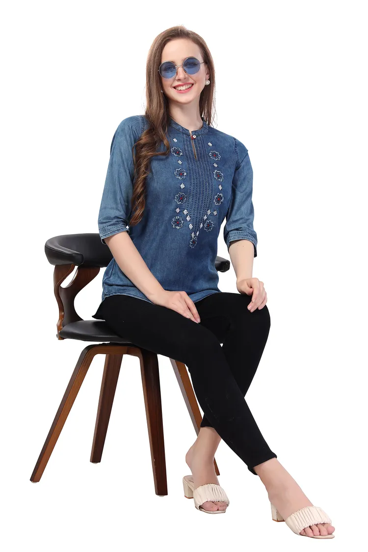 Fashion Forward Denim Tunic Applique Embroidery and Cloud Wash
