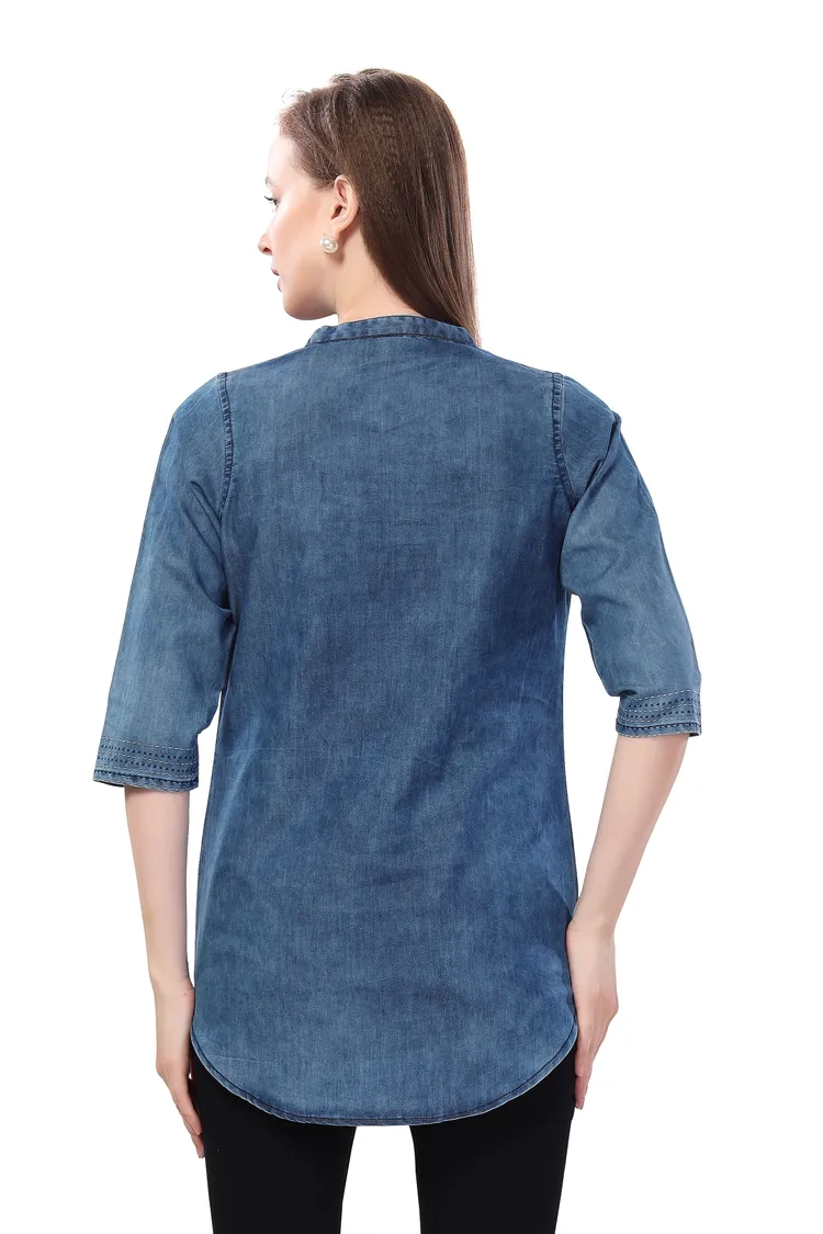 Fashion Forward Denim Tunic Applique Embroidery and Cloud Wash