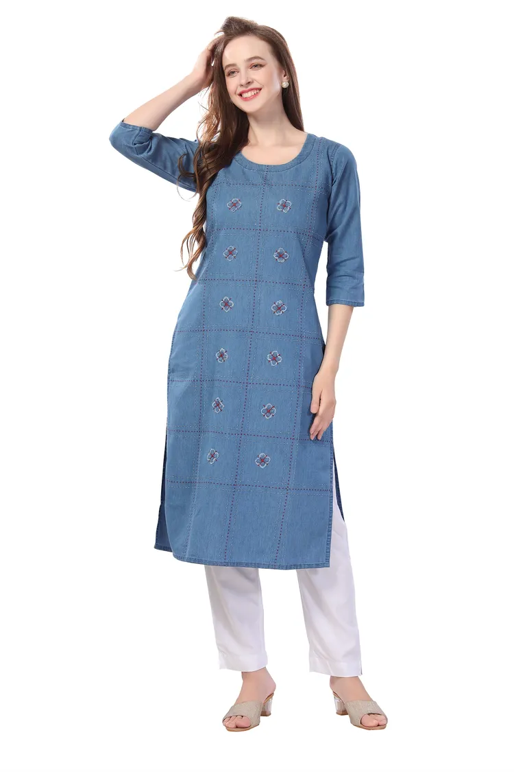 Denim Kurti With Patchwork And Thread Work