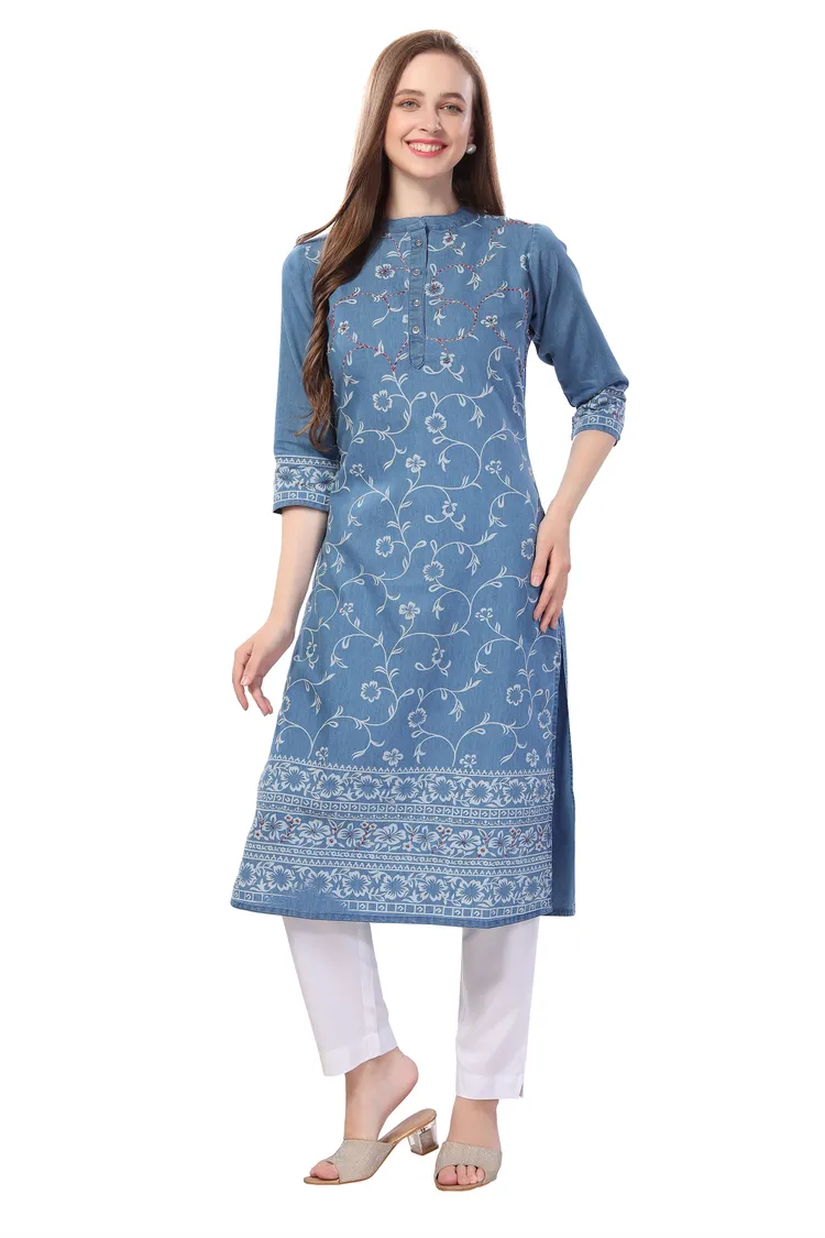 Pristine Floral Printed Denim Kurti With Thread Work