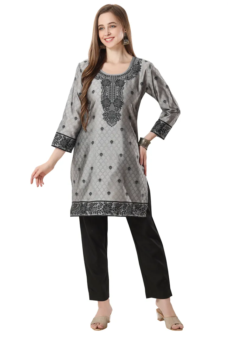 Banarasi Jacquard Kurti Tunic Grey Color