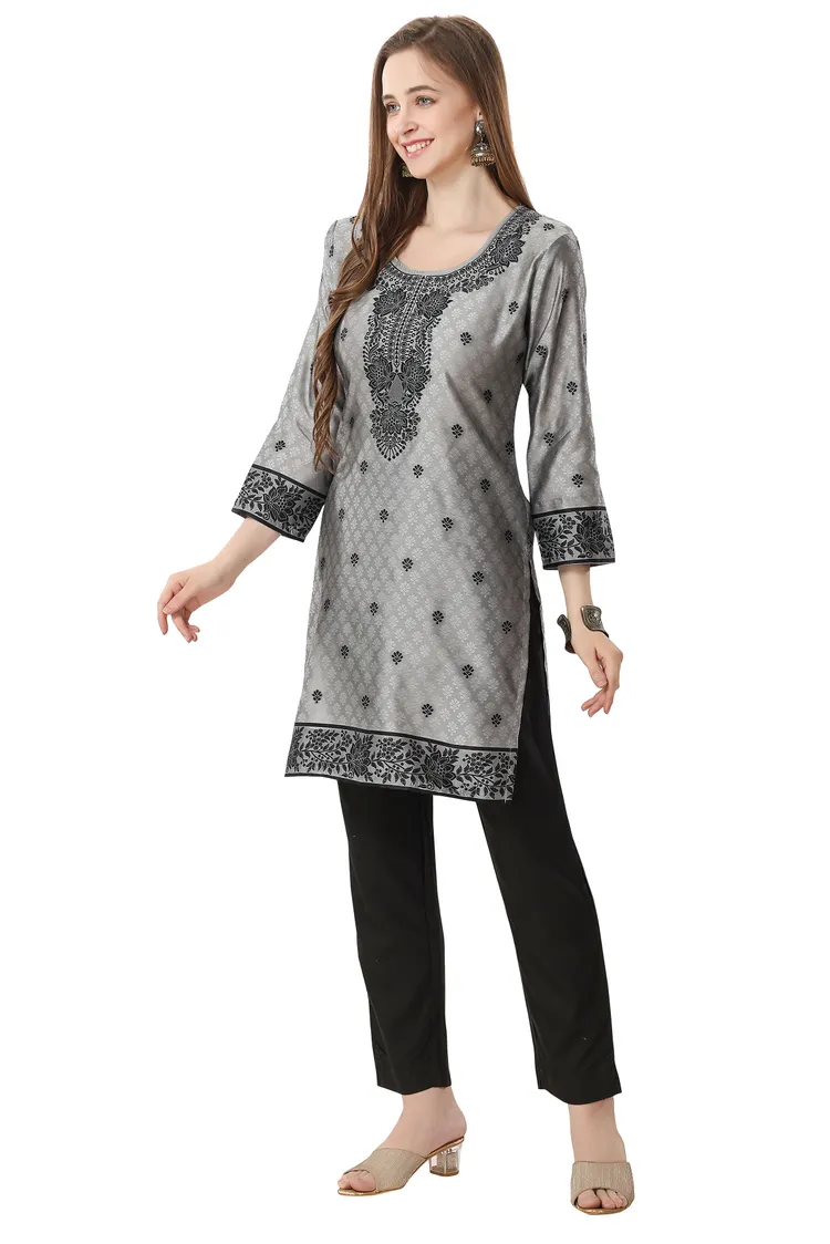 Banarasi Jacquard Kurti Tunic Grey Color