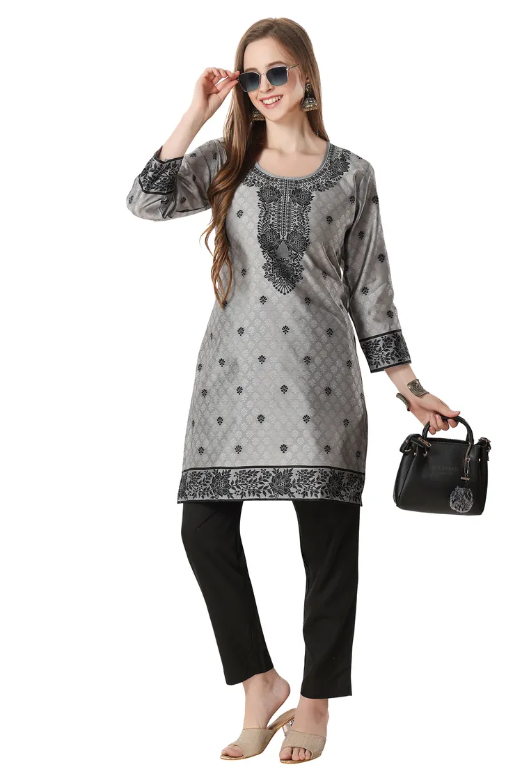 Banarasi Jacquard Kurti Tunic Grey Color