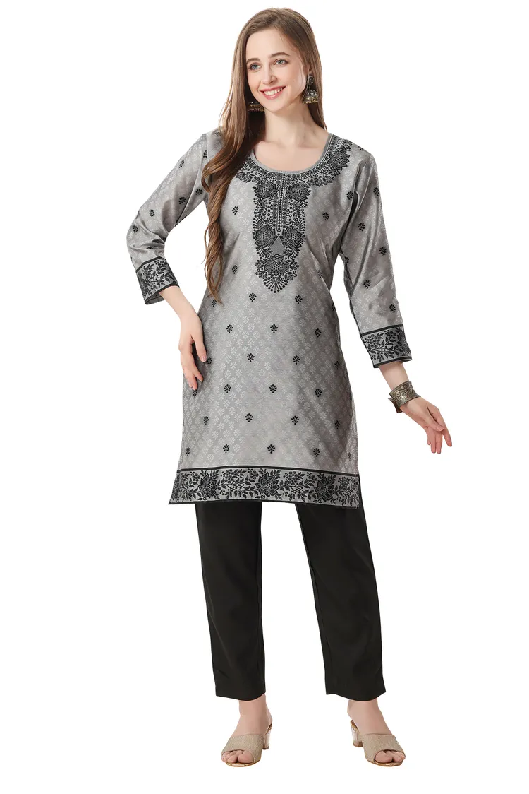 Banarasi Jacquard Kurti Tunic Grey Color