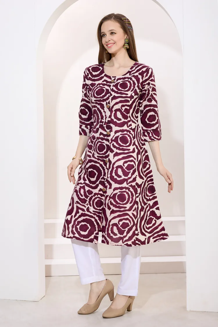 Wine Linen Cotton Princess Cut Long Kurta For Women