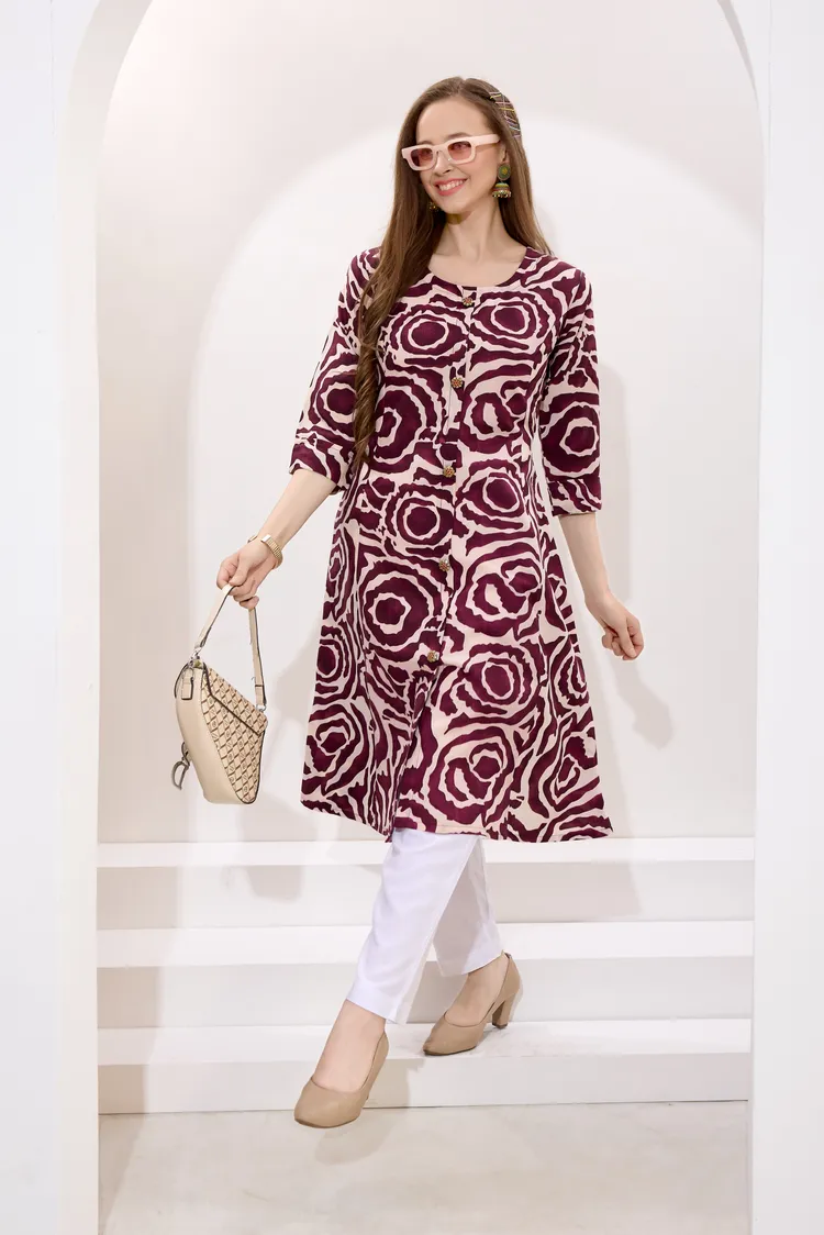 Wine Linen Cotton Princess Cut Long Kurta For Women